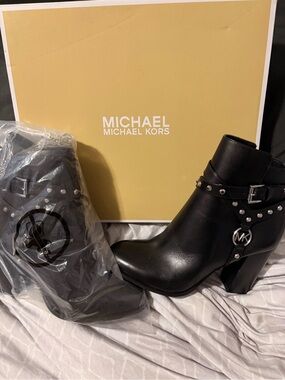 Michael Kors Black Leather Studded Block Heel Ankle Boots with MK Charm